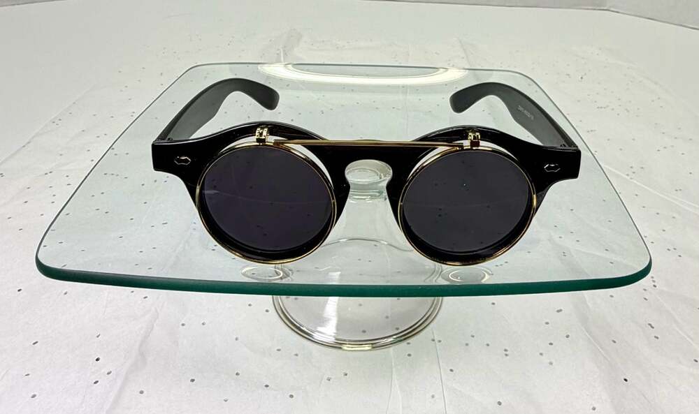 Vintage Steampunk Round Circle Flip Up Sunglasses Black and Gold Frame